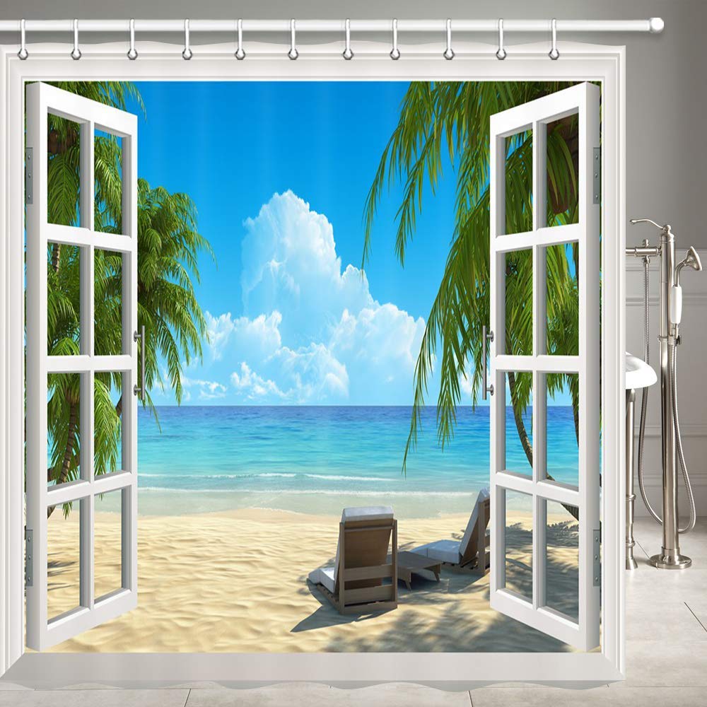 JOOCAR Palm Tree Beach Shower Curtain | Waterproof Tropical Decor