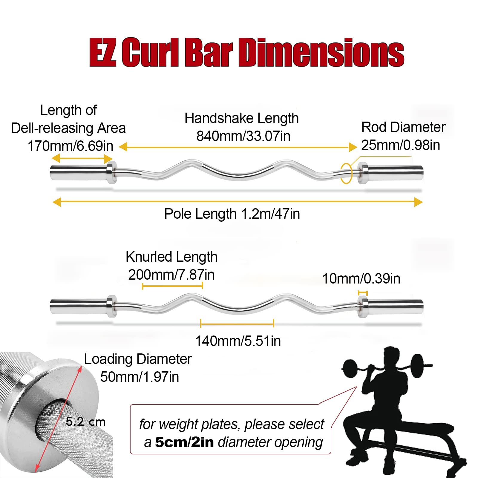 Tonchean 47" Olympic EZ Curl Bar | 220lb Capacity Chrome Steel Barbell