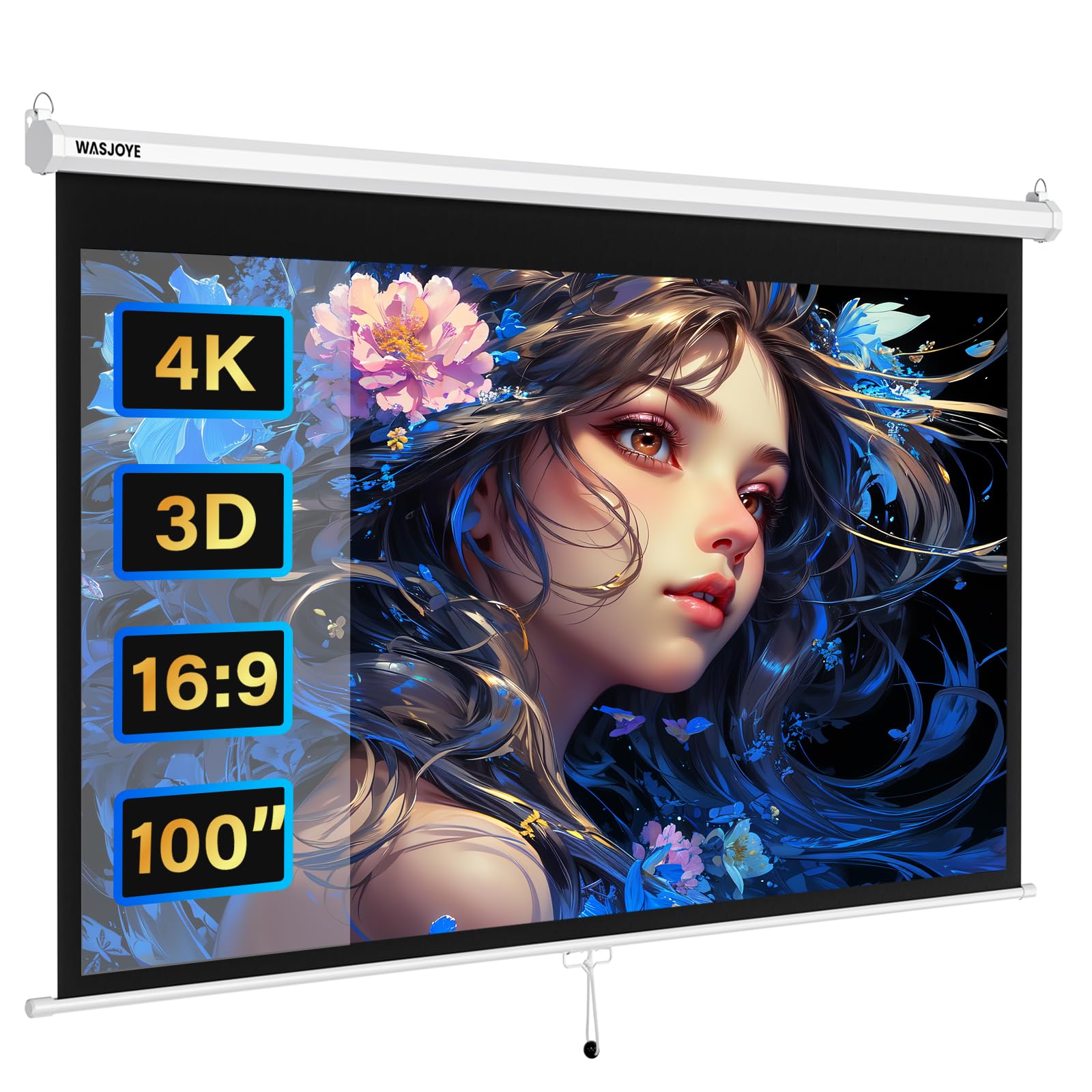 WASJOYE 100-inch Manual Pull-Down Projector Screen with Auto-Locking