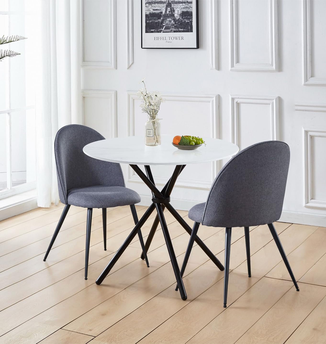 Hallowood White Marble Round Dining Table and 2 Grey Upholstered Chairs