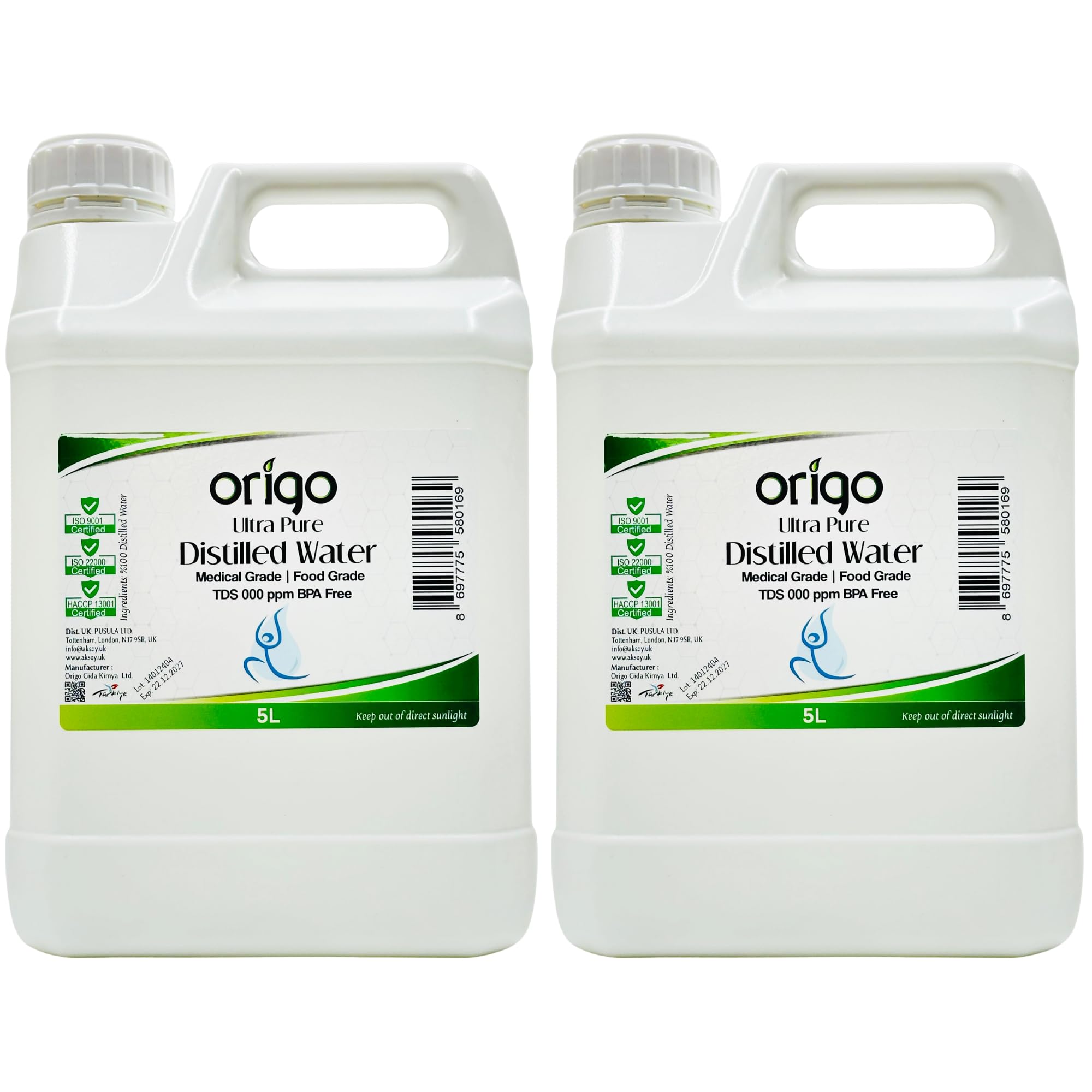 Origo Distilled Water 10L (2x5L) – Ultra Pure Deionized Water, 0 ppm