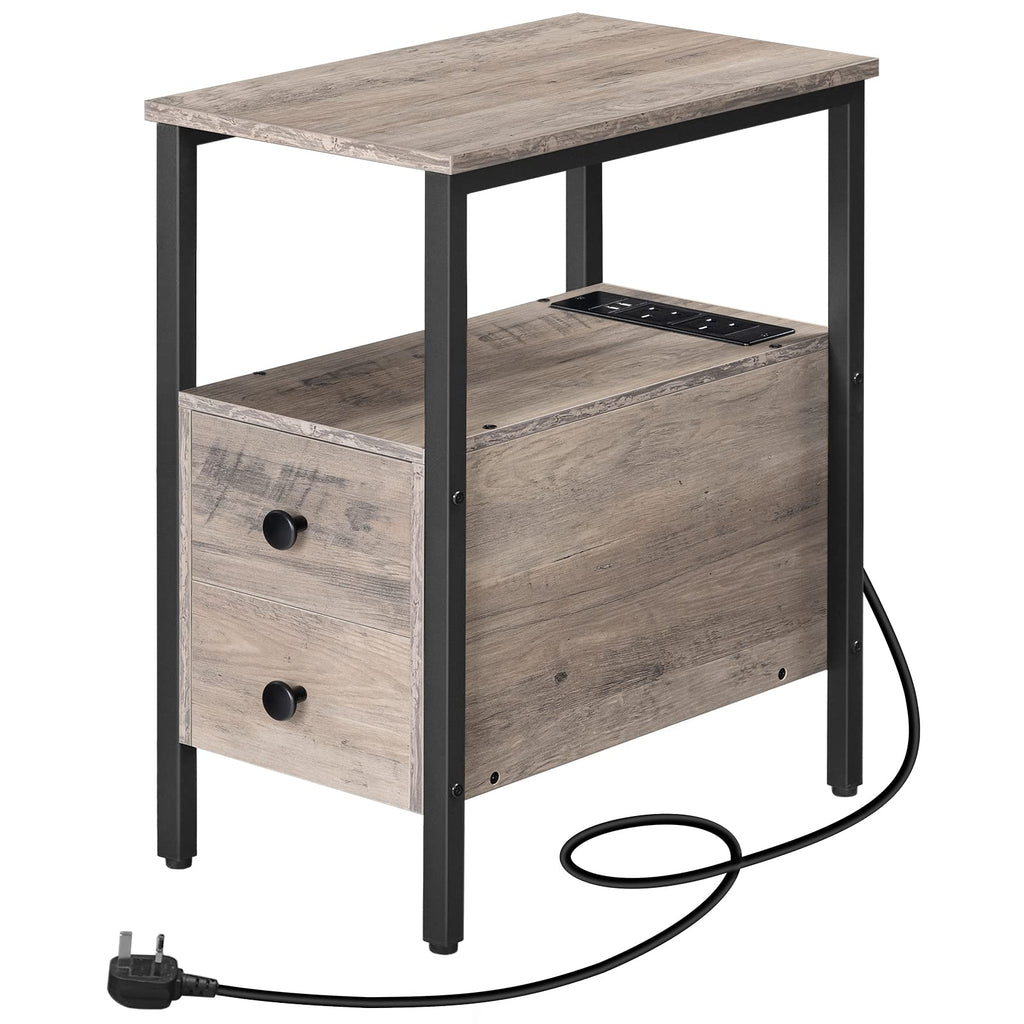 HOOBRO Narrow Side Table with Charging Station, 2 Drawers, Industrial