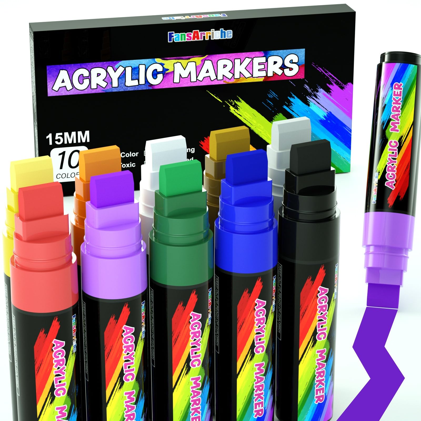 FansArriche 15mm Jumbo Acrylic Paint Markers – 10 Waterproof Colours