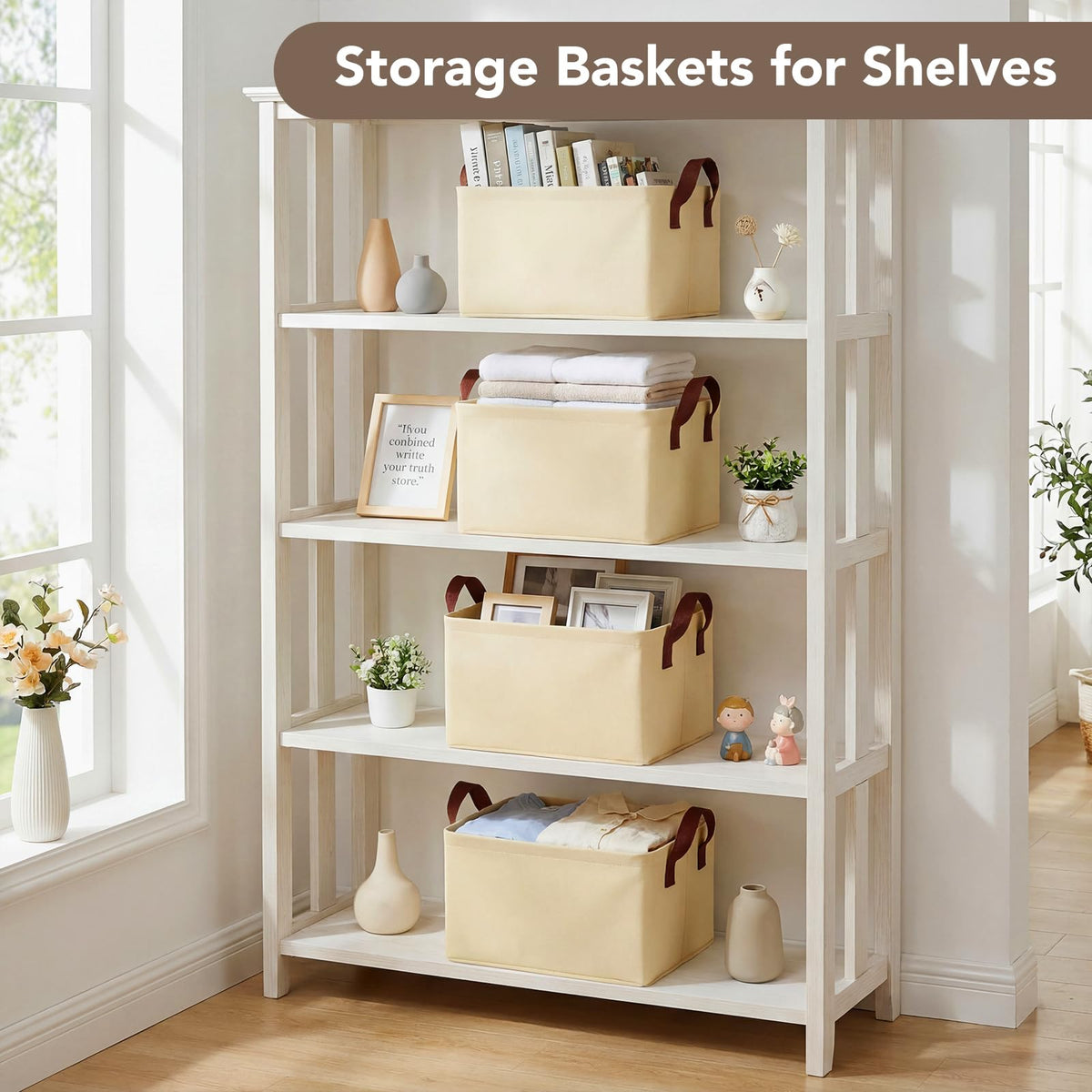 4 Pack Storage Baskets for Shelf, Small Closet Organizers and Storage Beige - image 5