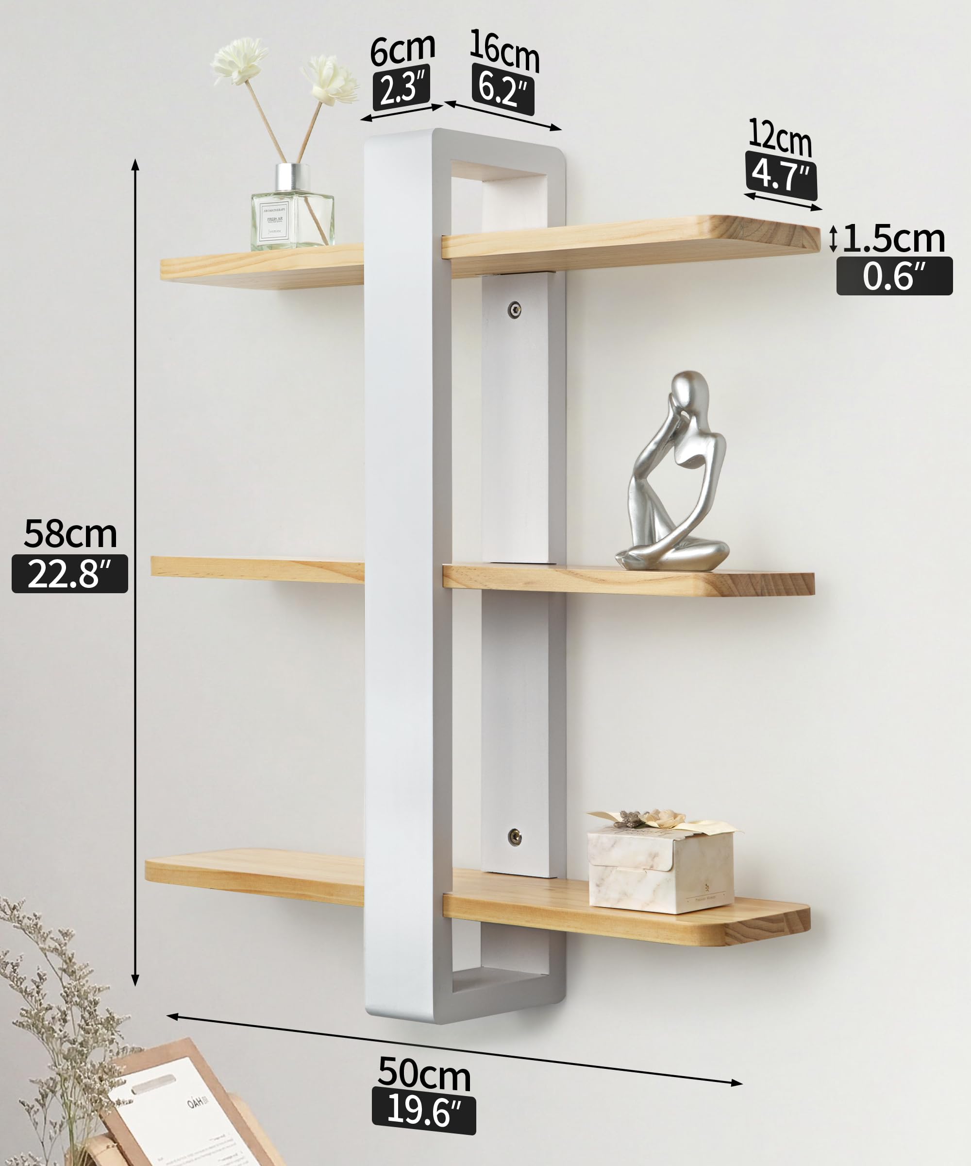 SUMGAR White Floating Shelves | 3-Tier Pine Wood Wall Mounted Shelving Unit