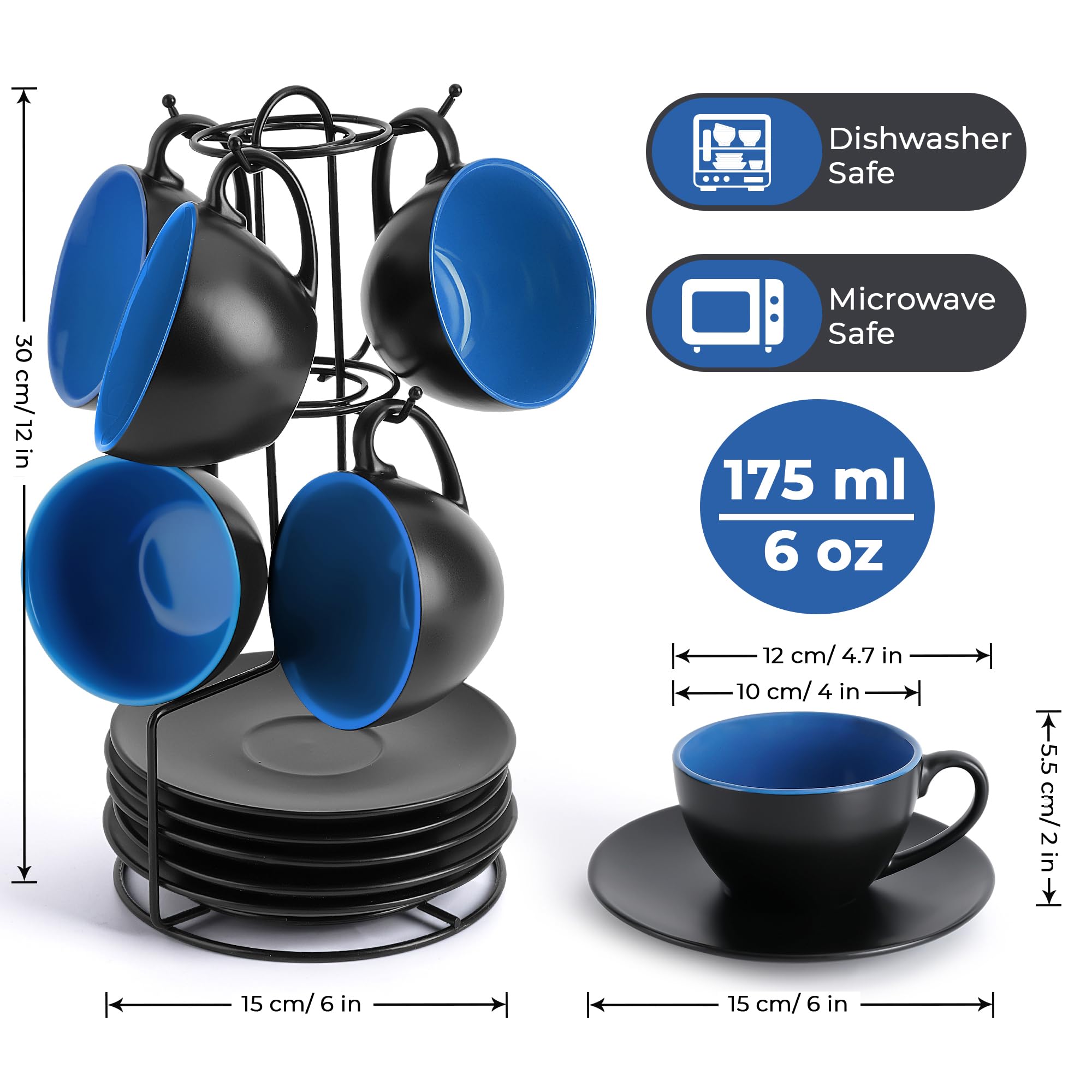 MIAMIO Ceramic Cappuccino Cups Set of 6 - 175ml Mugs with Stand & Saucers