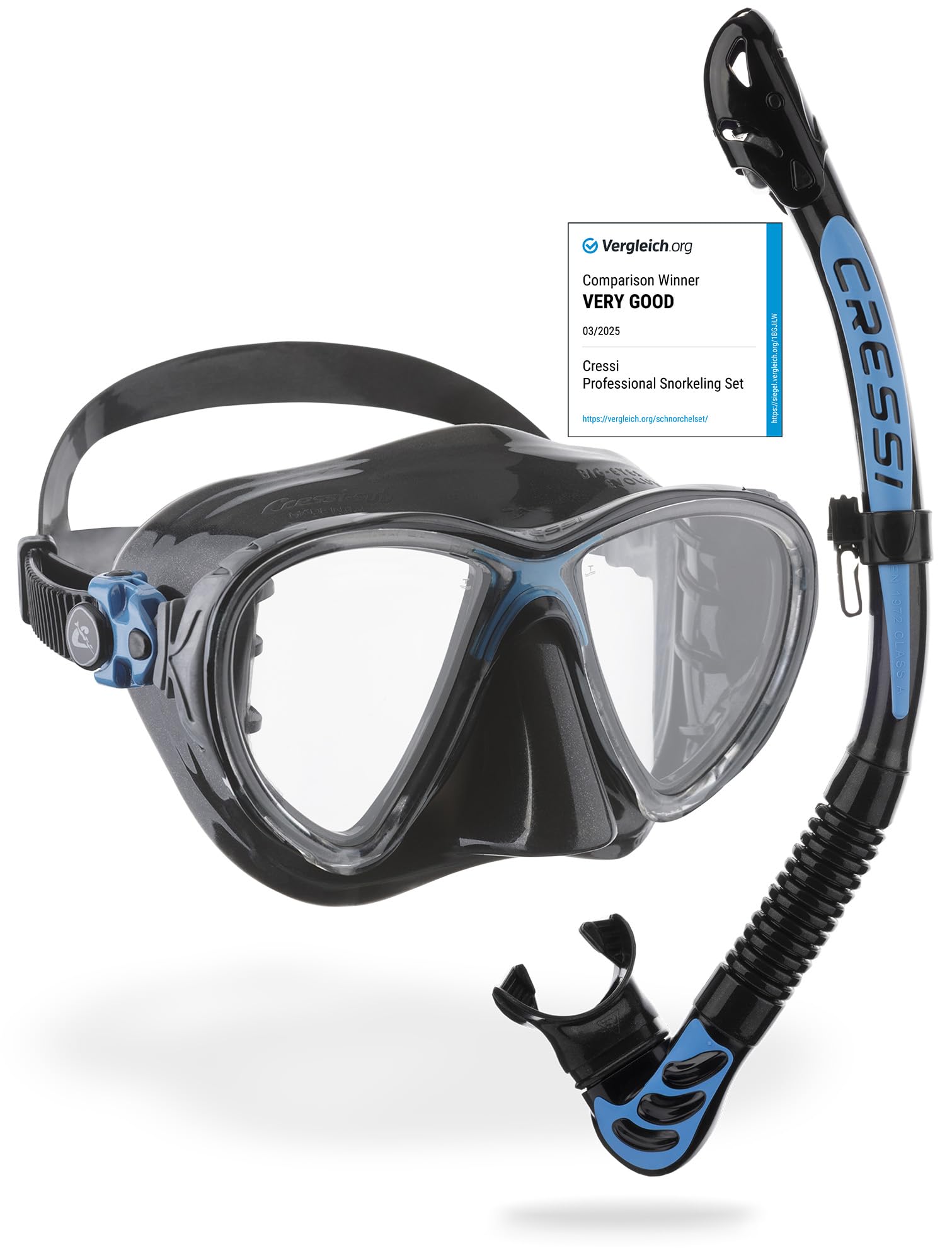 Cressi Big Eyes Evolution Mask & Alpha Dry Snorkel Set - Black/Blue