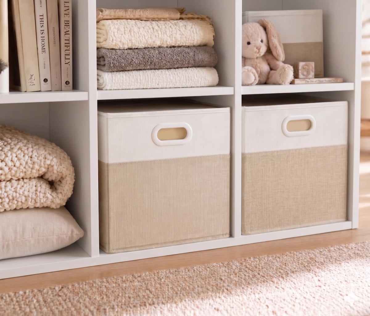 SOCOHOME Fabric Storage Boxes,25x25x25cm Storage Cube, Foldable Storage Baskets for Toys Nursery ClosetLight Khaki/Cream White, 1 Pack