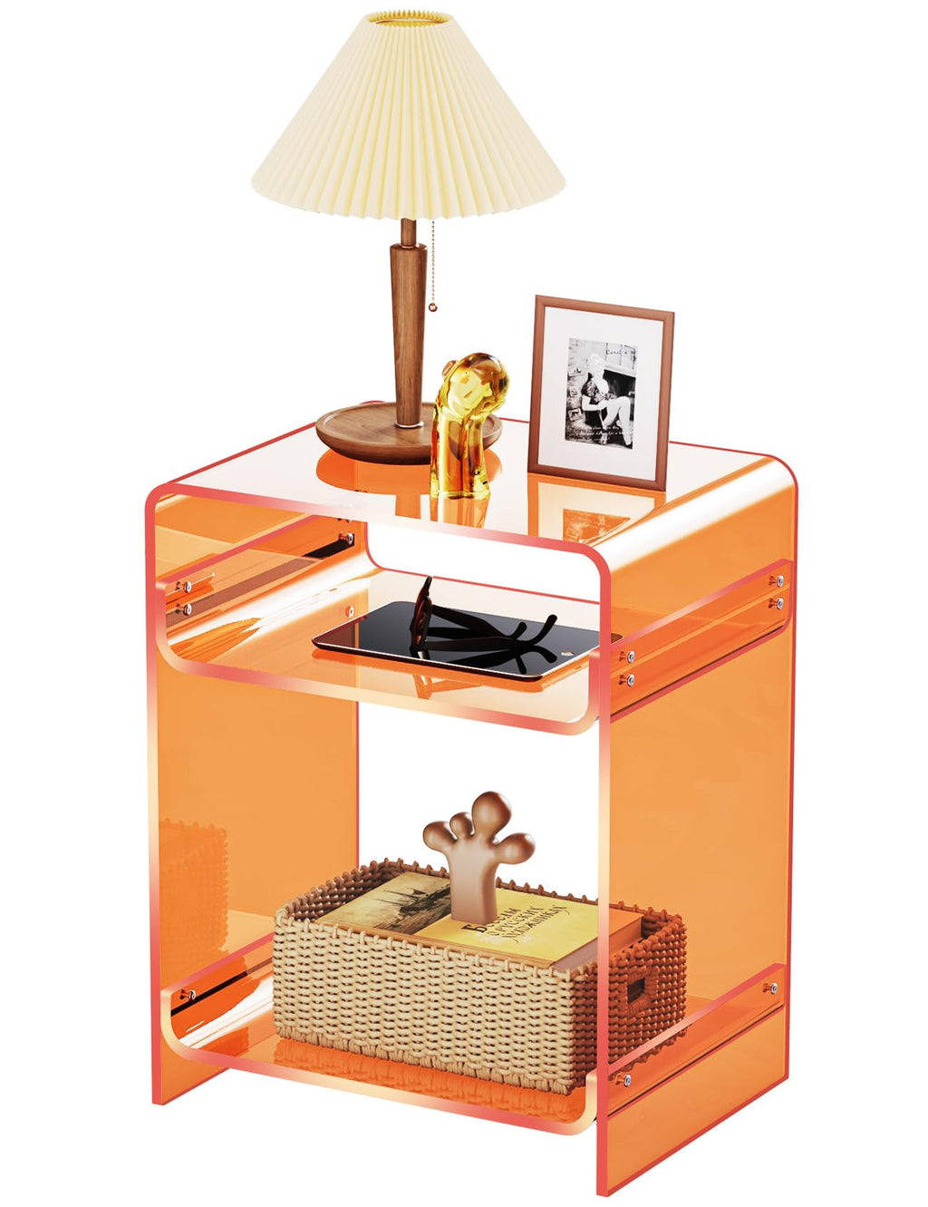 Acrylic End Table with Storage Shelf, Clear Side Table, Record Player Table, Nightstand, 15.7x19.7x11.8 Orange, 40×30×50 cm