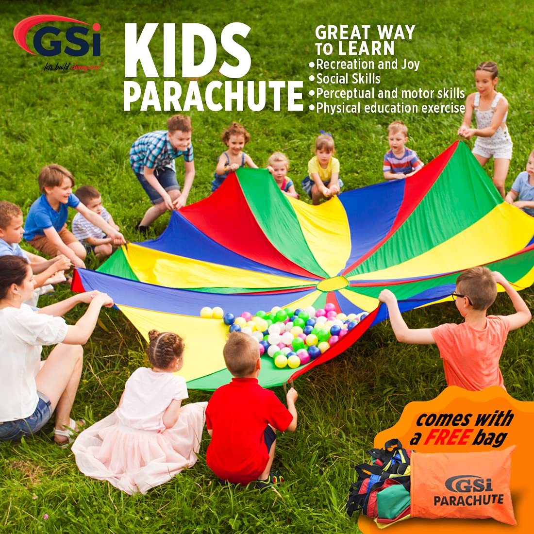 GSI Kids Play Parachute – 20ft Rainbow Polyester Toy with 20 Handles