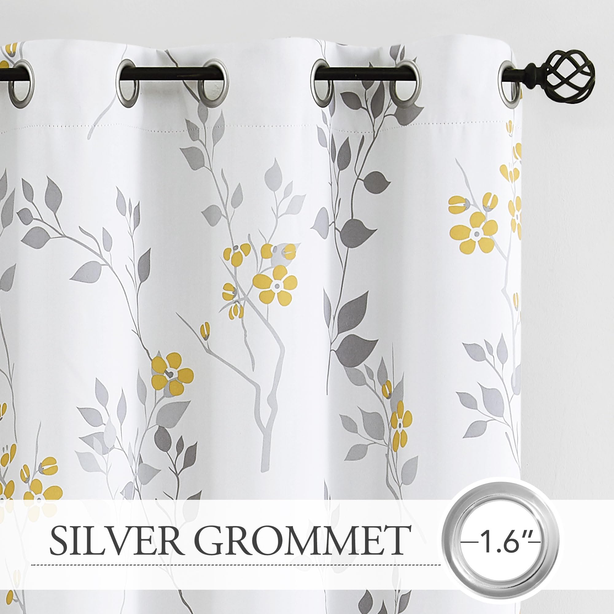 Yellow Grey Floral Blackout Curtains - 72 Inch Thermal Drapes