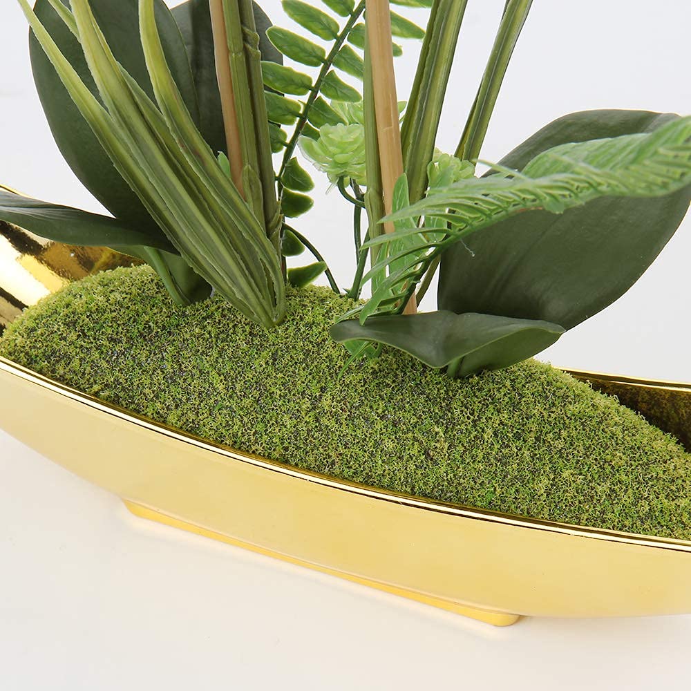 Briful 15" Artificial Phalaenopsis Orchid Bonsai in Gold Pot – Silk Flowers
