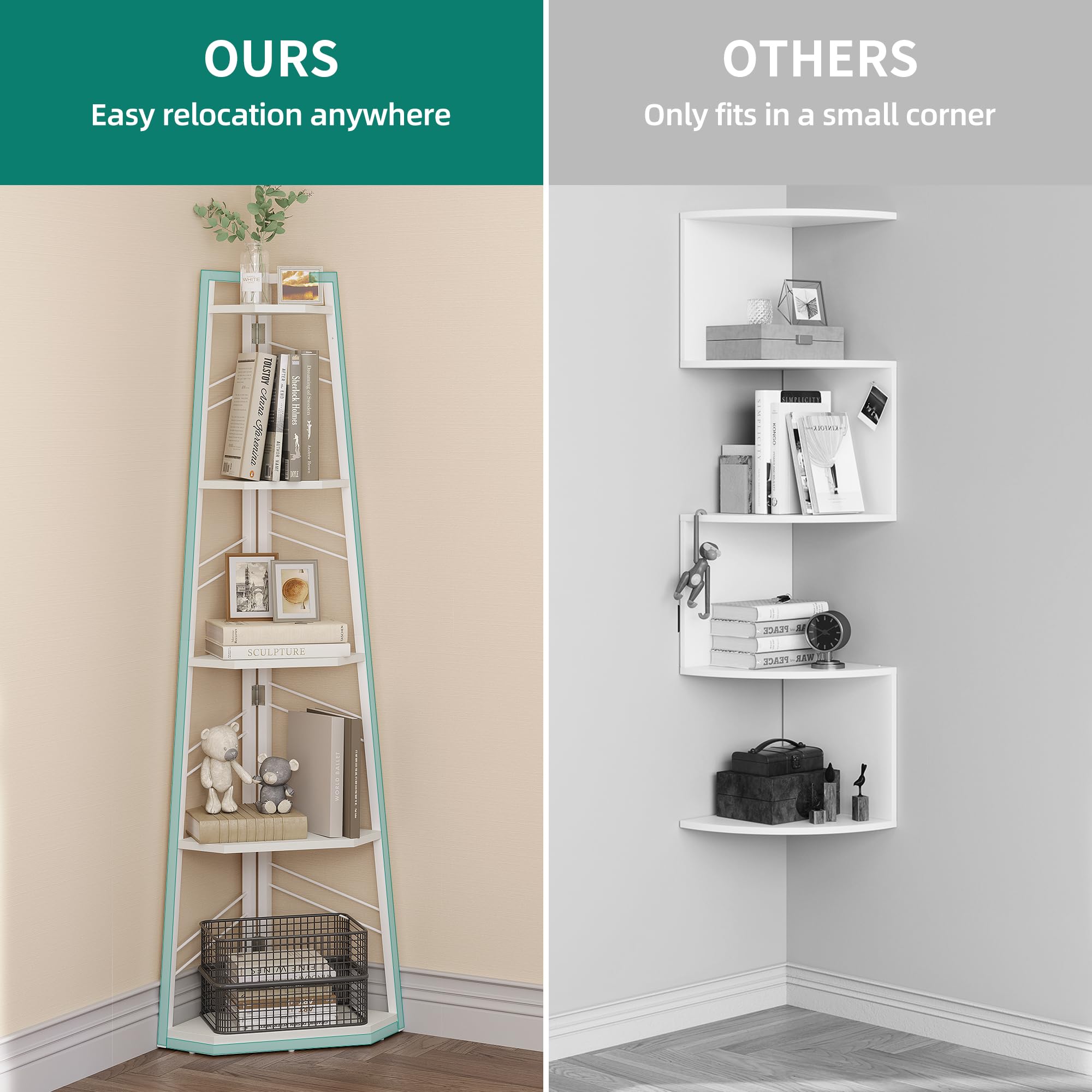 YITAHOME 5-Tier Corner Bookshelf – Industrial Wooden Ladder Shelf, White