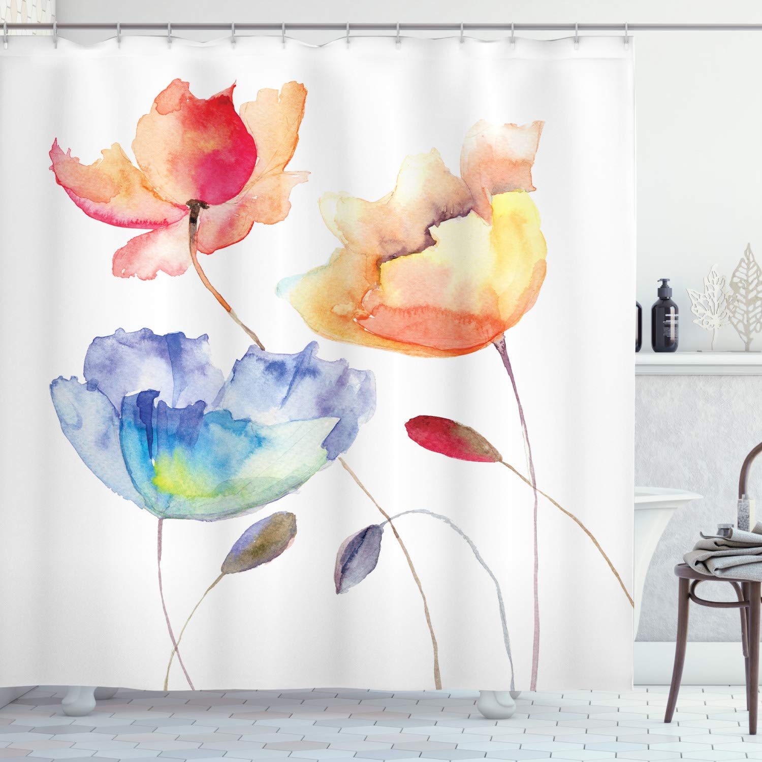 ABAKUHAUS Watercolor Flower Shower Curtain | Retro Fabric Bathroom Decor
