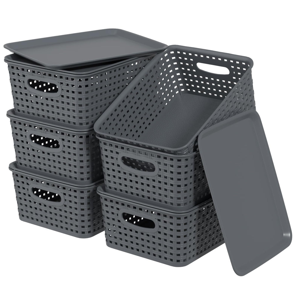 Lesbin 6-Pack Lidded Storage Baskets, ‌Weave Baskets with Lids, Gray