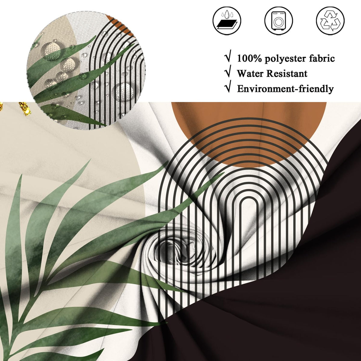 ASDCXZ Boho Shower Curtain 180x200 cm, Modern Abstract Boho Style Green Leaves Brown Sun Grey Black Bath Washable Shower Curtains Polyester Textile