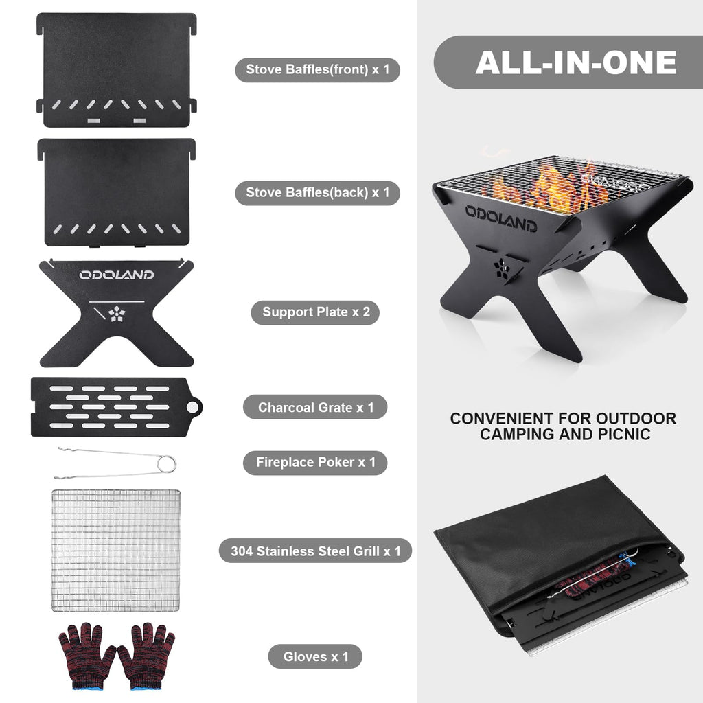 Odoland 2-in-1 Portable Camping Fire Pit | Foldable Wood Burning BBQ Grill