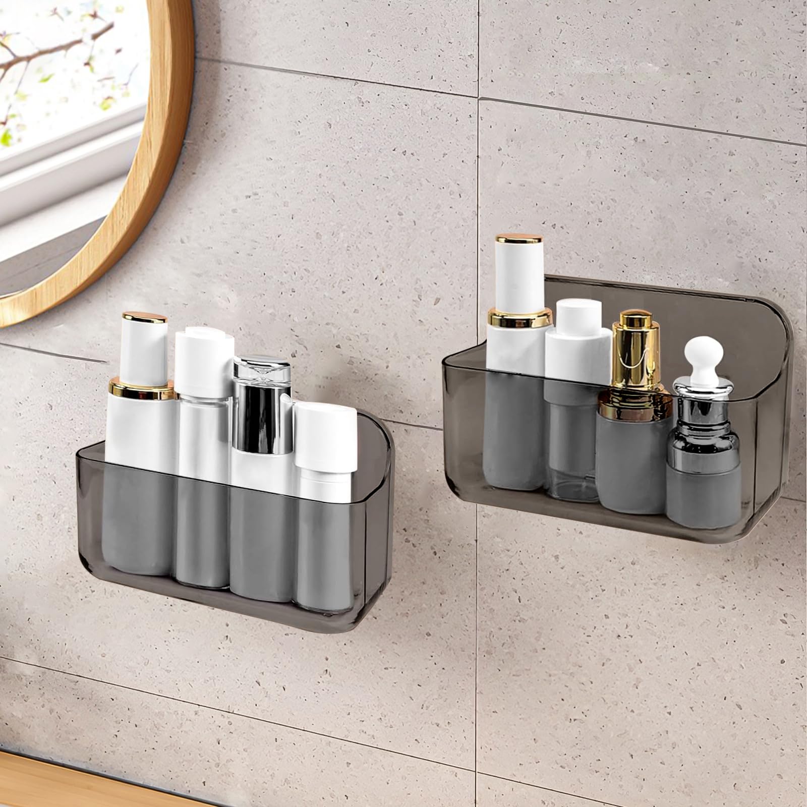 CGBE 2-Pack Adhesive Bathroom Shelves – No-Drill Acrylic Shower Caddy, Grey