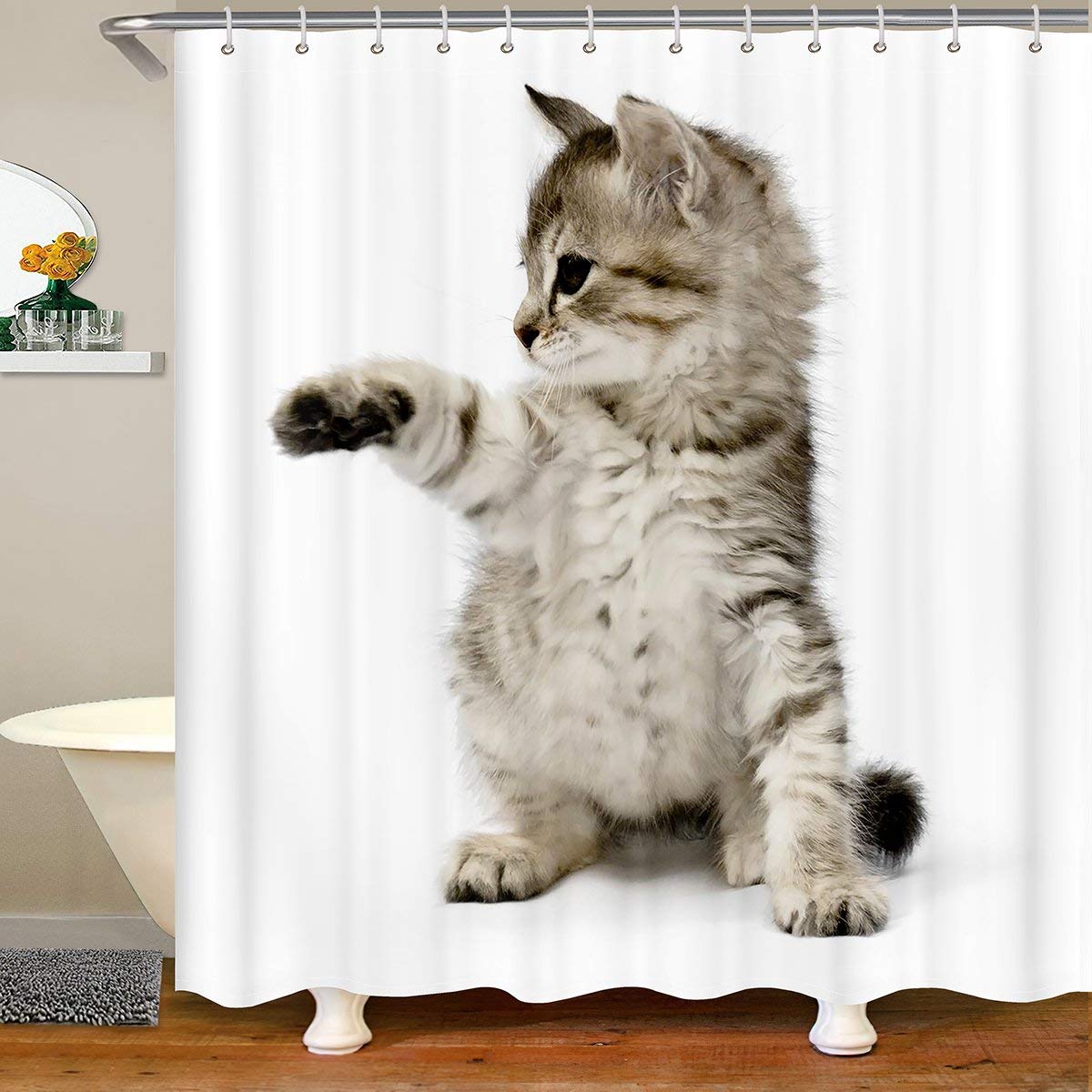 Cute Cat Shower Curtain | 3D Animal Print Waterproof Polyester