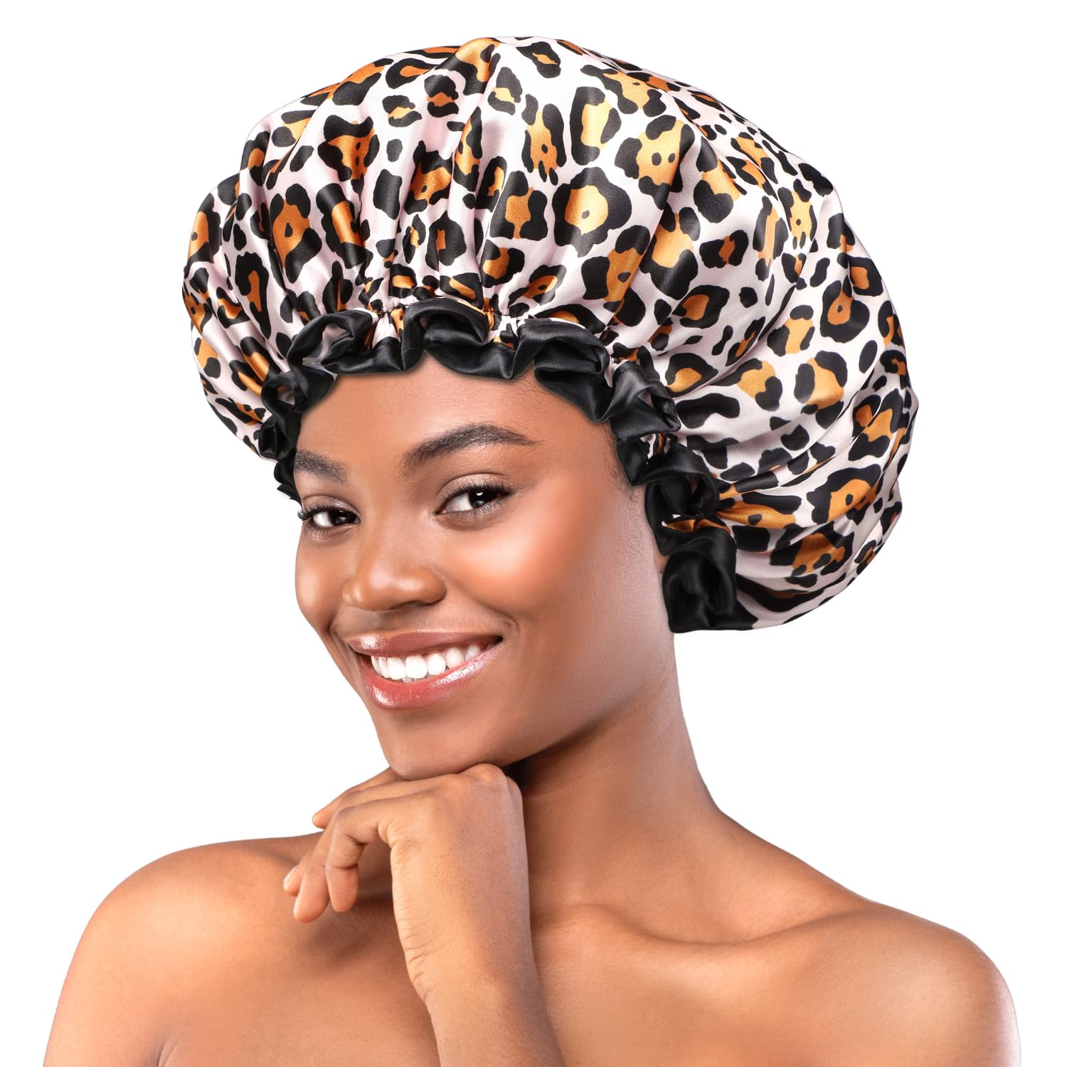 mikimini Reusable Shower Cap – Leopard Print Waterproof Double Layer
