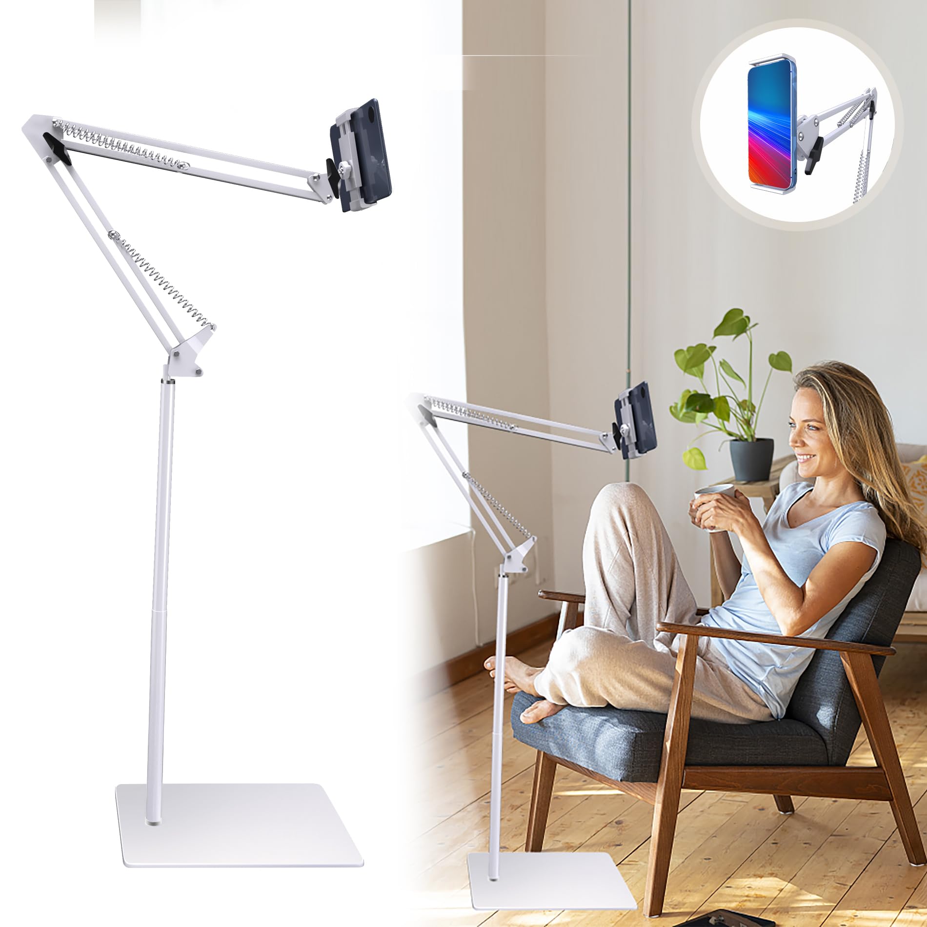 Hmfmdy Tablet Floor Stand – Heavy Duty Adjustable Bed Mount, White
