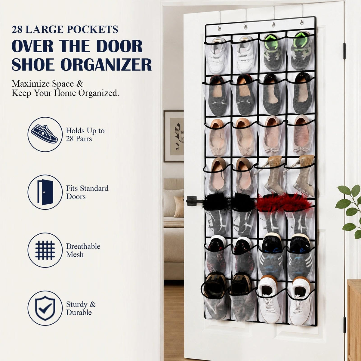 EVTHUR Over Door Shoe Storage Organiser 28 Large Mesh Pockets Hanging Shoe Rack Holder with 4 Hooks - image 4