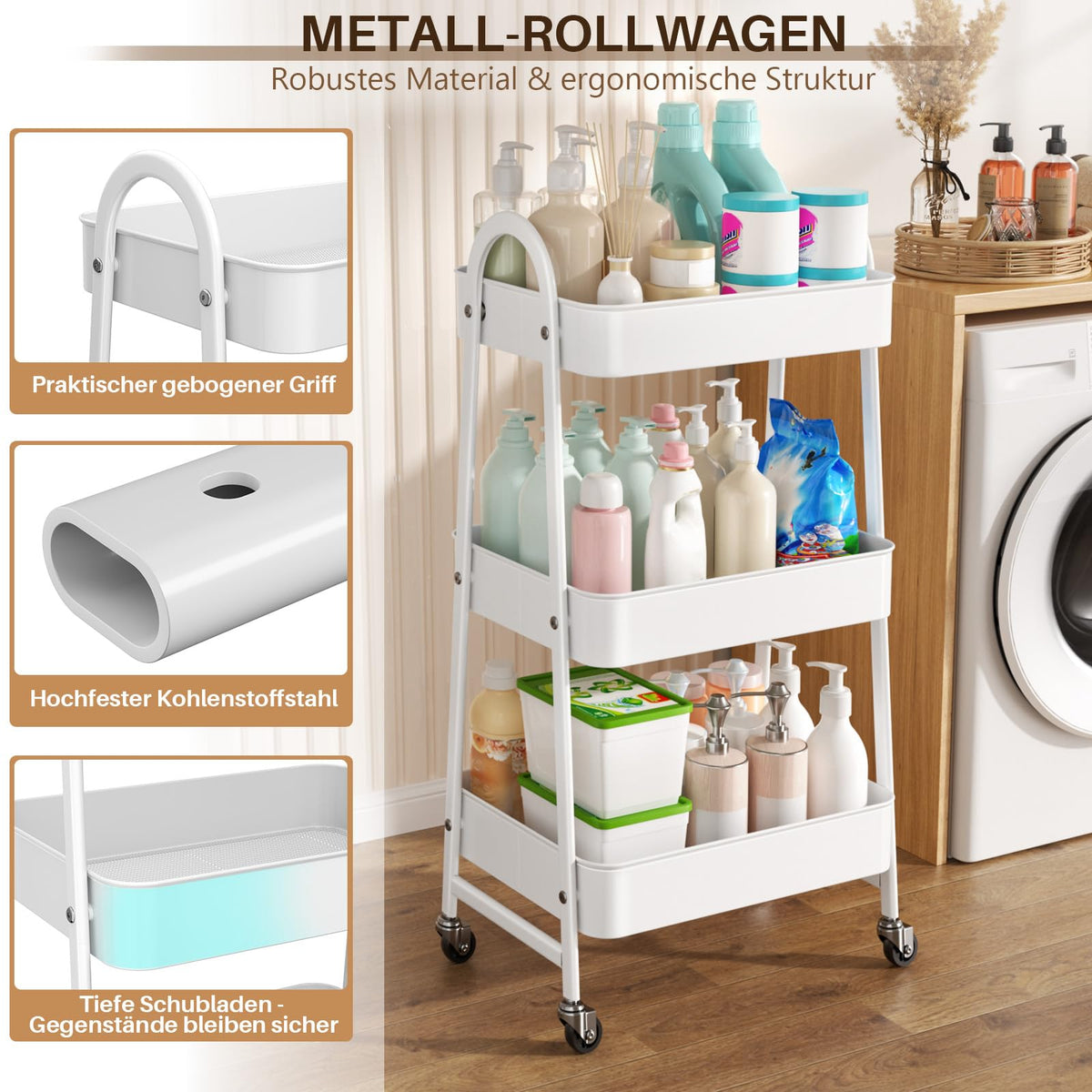 StowBin 3 Tier Metal Rolling Cart Kitchen Storage Cart with Wheels Serving Cart for Living Room Bathroom Office Bedroom White - image 4