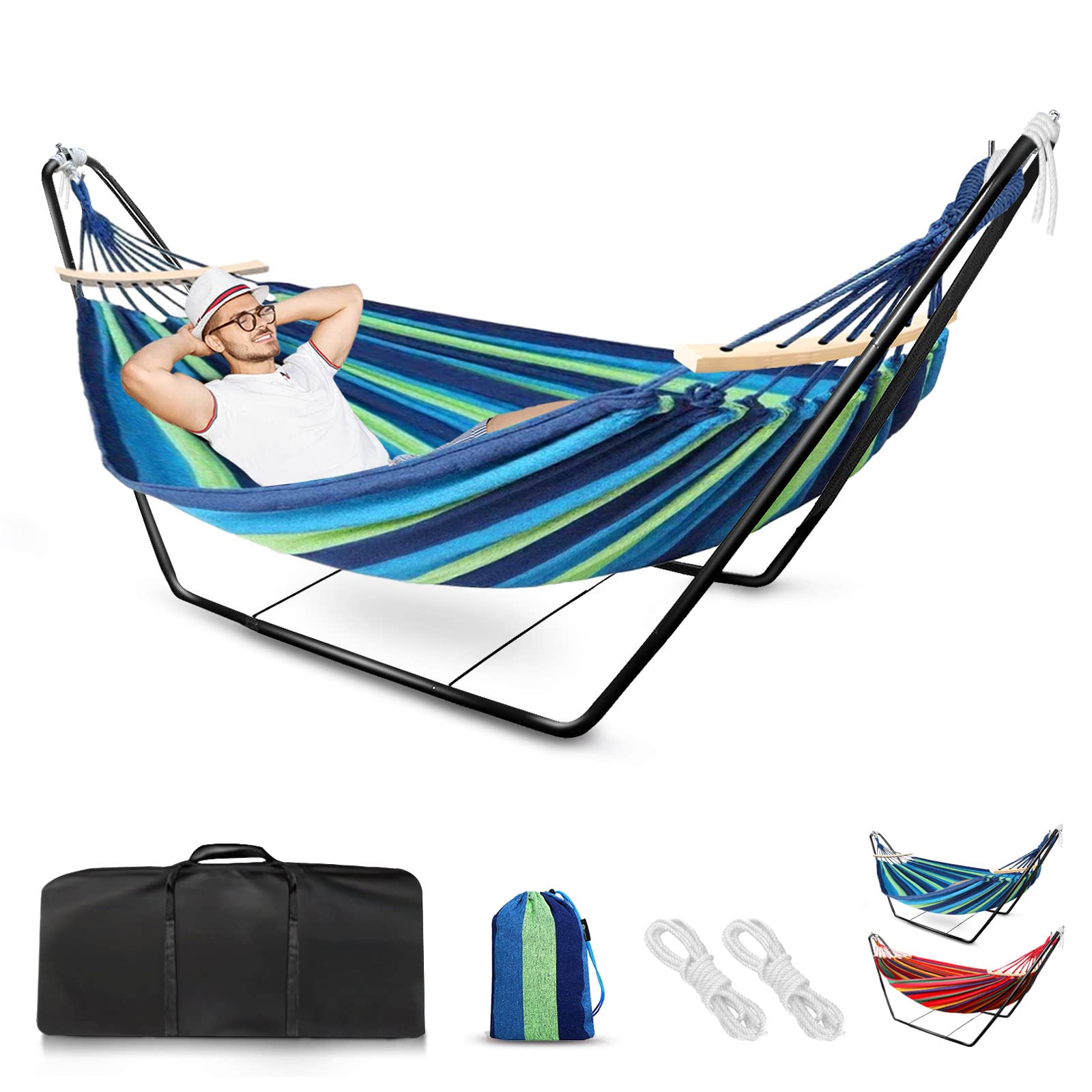 Double Cotton Hammock with Adjustable Steel Stand – Red