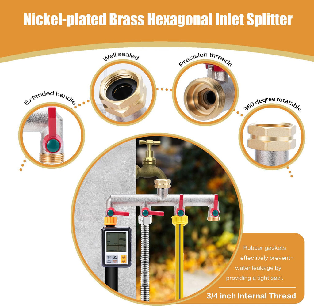 iBamso 4-Way Brass Garden Hose Splitter | 3/4 Inch Heavy Duty Tap Adapter