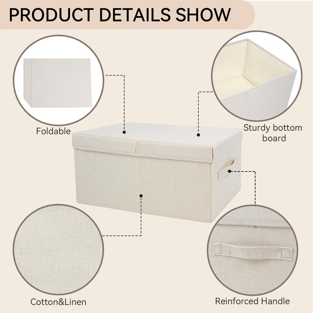 Pomodee Beige Foldable Storage Box with Lids,Set of 2 Large Wardrobe Long Storage Organiser,Collapsible Storage Baskets for - image 3
