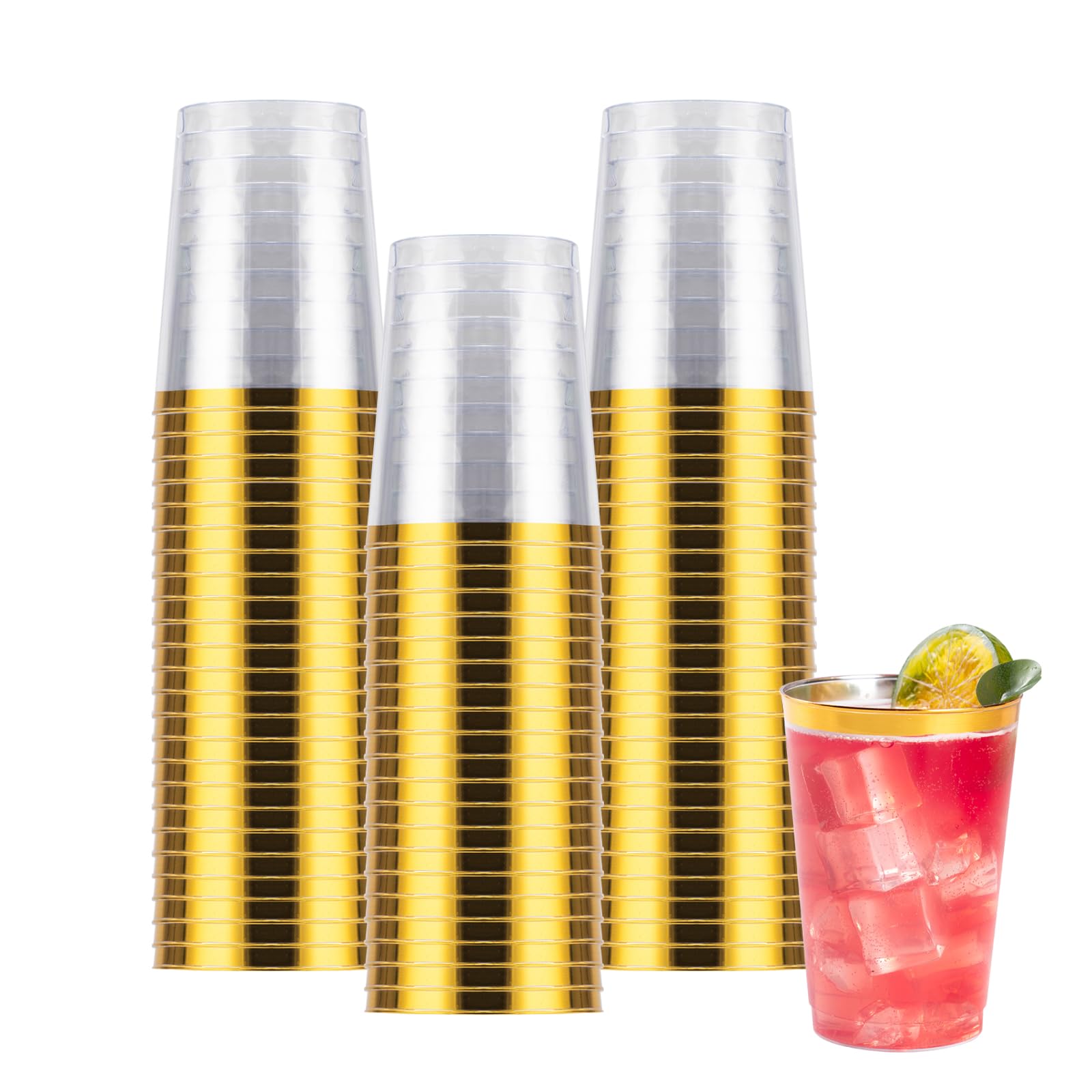 Goodluck 10oz Gold Rim Plastic Cups - 50 Pack Reusable Cocktail Glasses