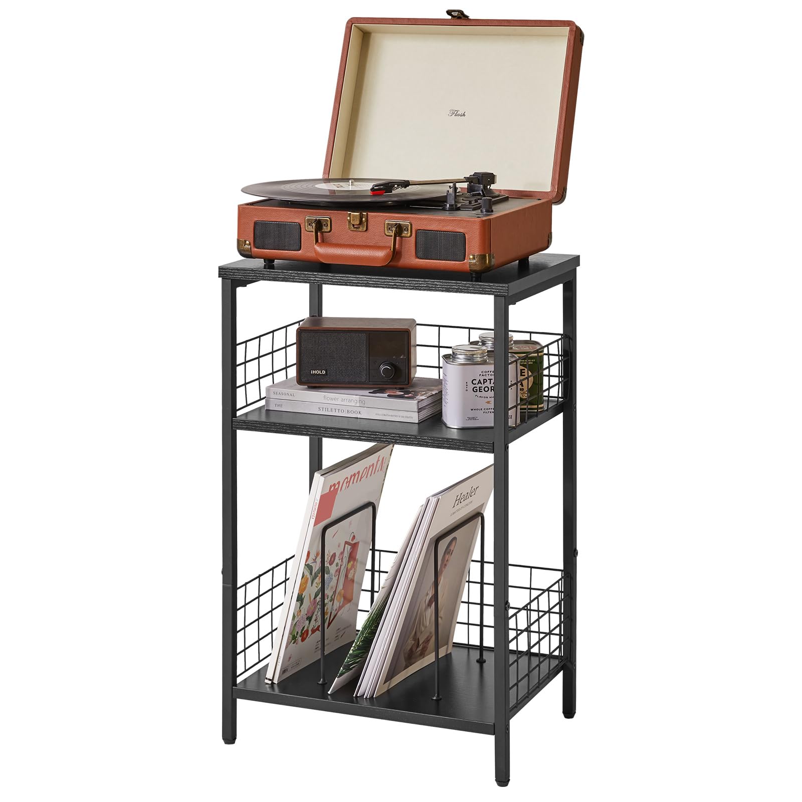 YMYNY 3-Tier Record Player Stand | Industrial Side Table - Rustic Brown