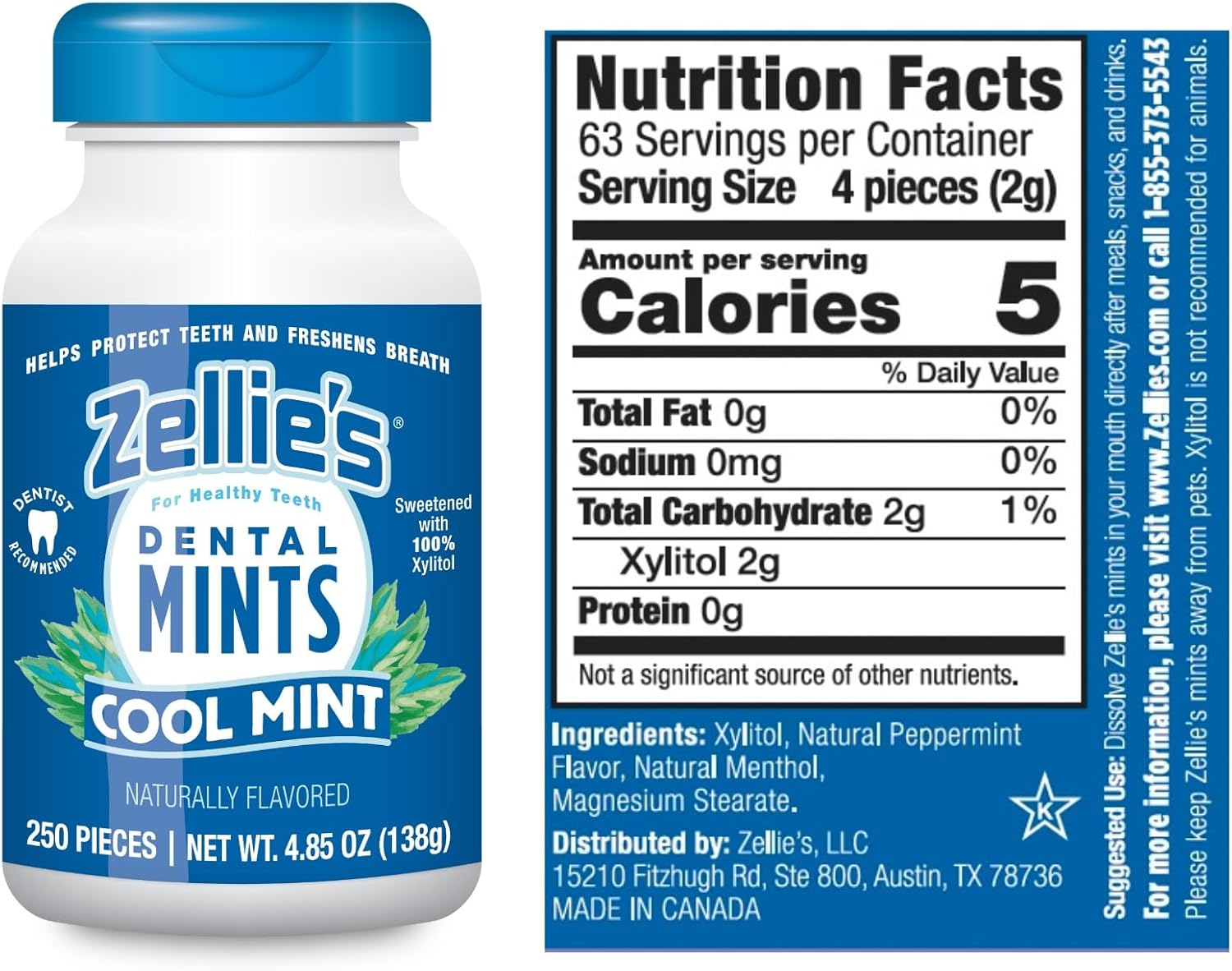 Zellie’s Xylitol Cool Mint Breath Mints – Sugar Free & Vegan (250 Count)