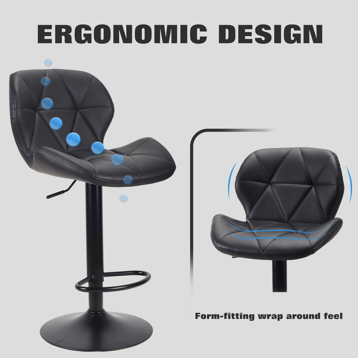 WangPangzi Bar Stools Set of 2 Bar Chairs,Modern Height Adjustable Kitchen Stools With Backs, Swivel Faux Leather Kitchen Island ChairsAll Black