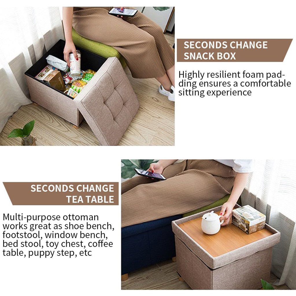 BRIAN & DANY Folding Storage Ottoman – Linen Foot Stool with Wood Legs