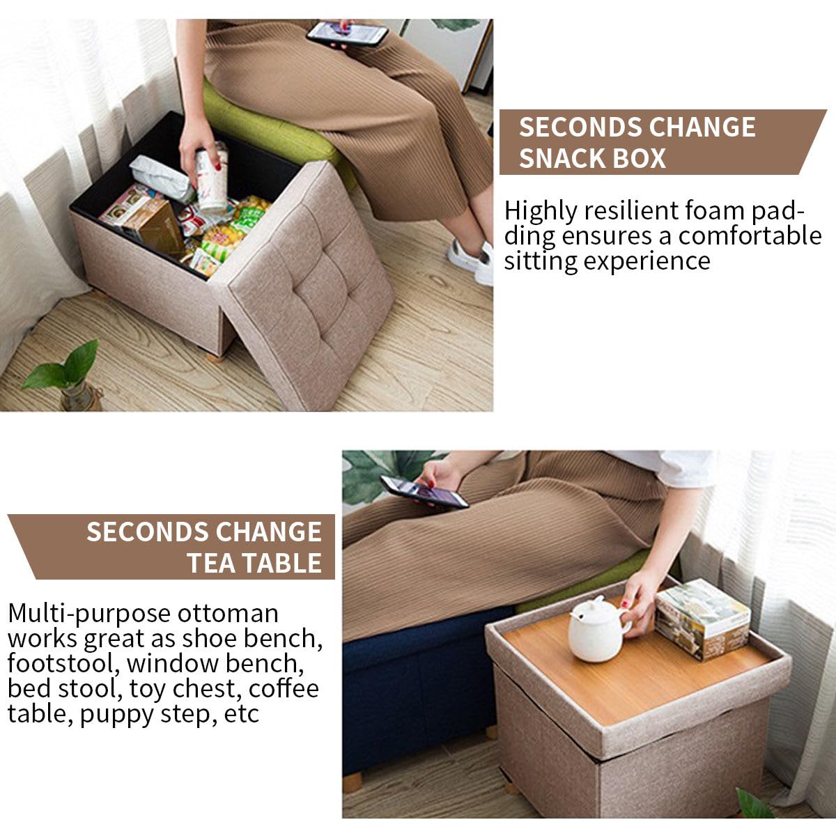 BRIAN & DANY Folding Storage Ottoman – Linen Foot Stool with Wood Legs