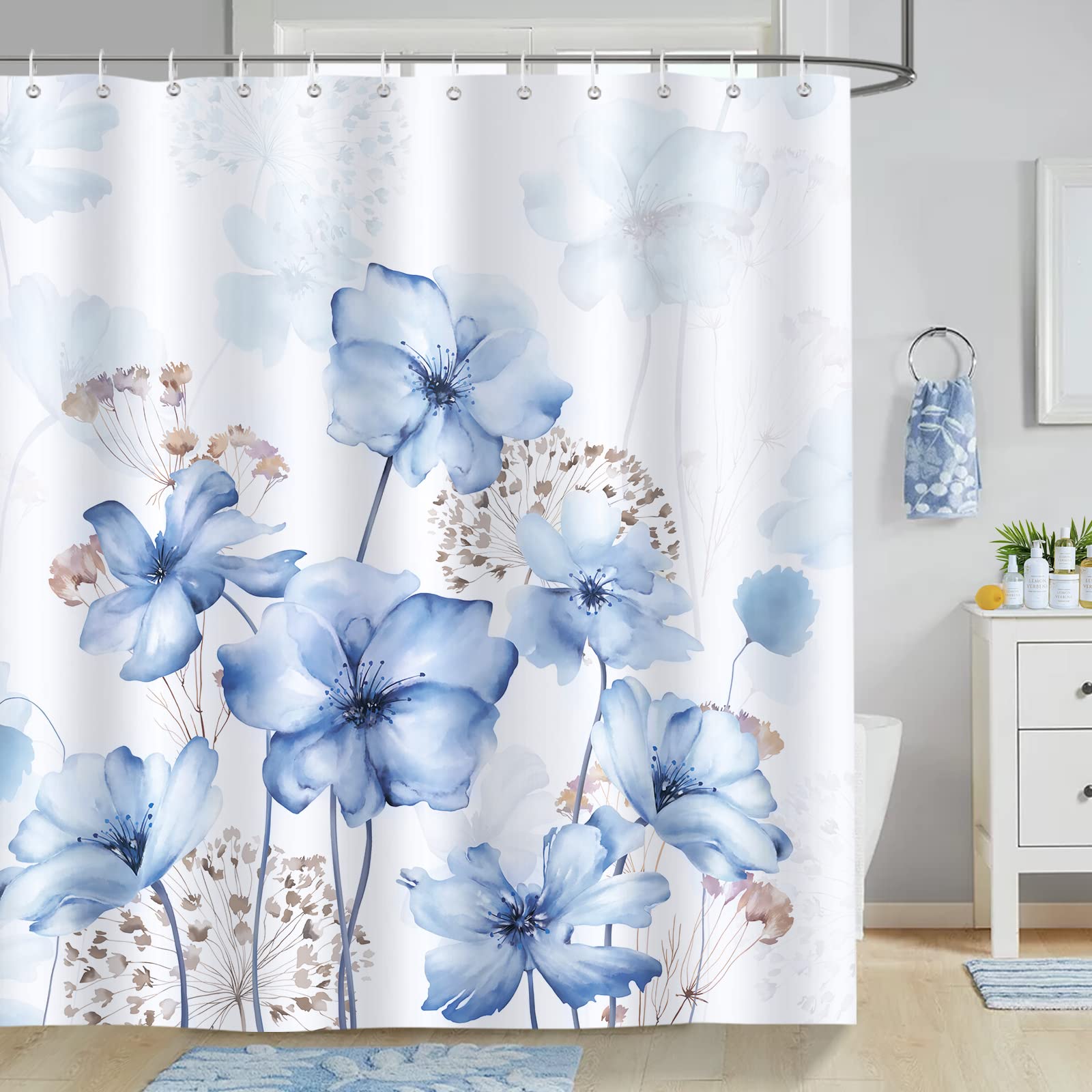 Bonhause Blue Floral Shower Curtain | Waterproof Polyester - 180x180cm