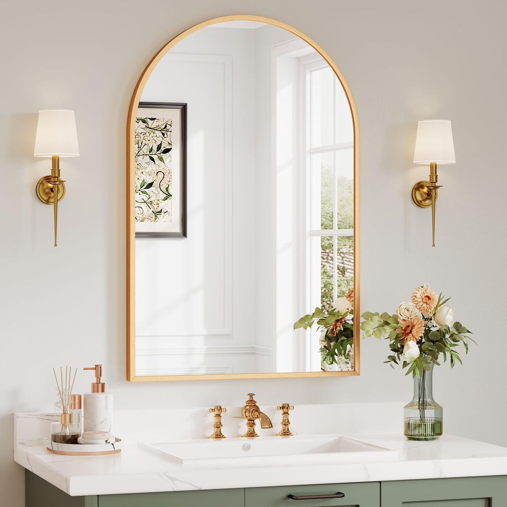 Dripex Arched Wall Mirror – 50x75cm Gold Aluminum Frame for Bathroom