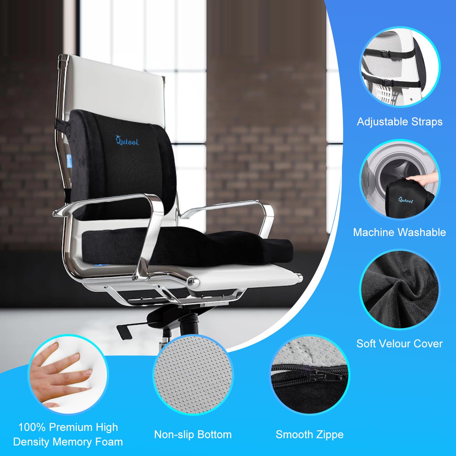 QUTOOL Memory Foam Seat Cushion & Lumbar Support Pillow for Office Chair