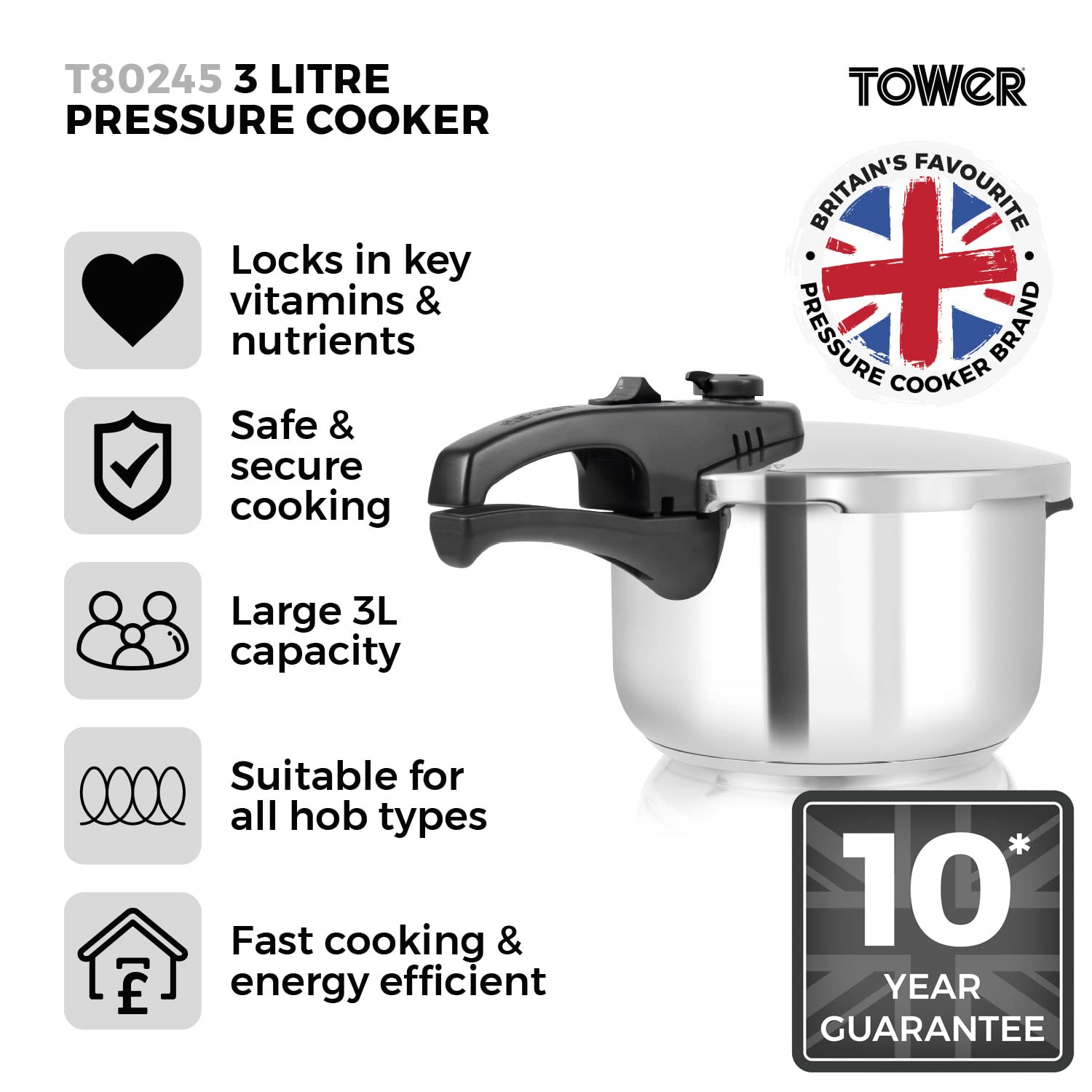 Tower T80245 Stainless Steel Pressure Cooker with Steamer Basket, 3L