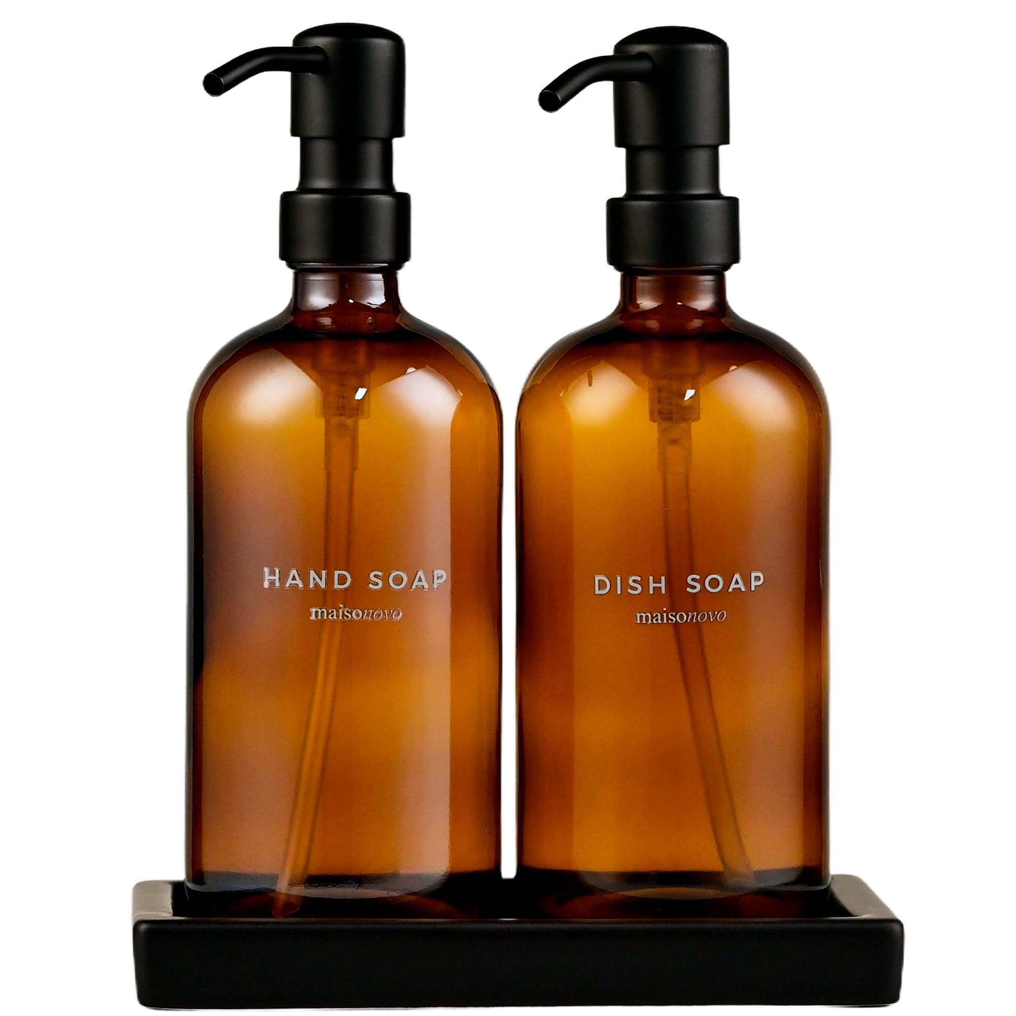 MaisoNovo Amber Glass Soap Dispenser Set with Ceramic Tray - 16.9oz