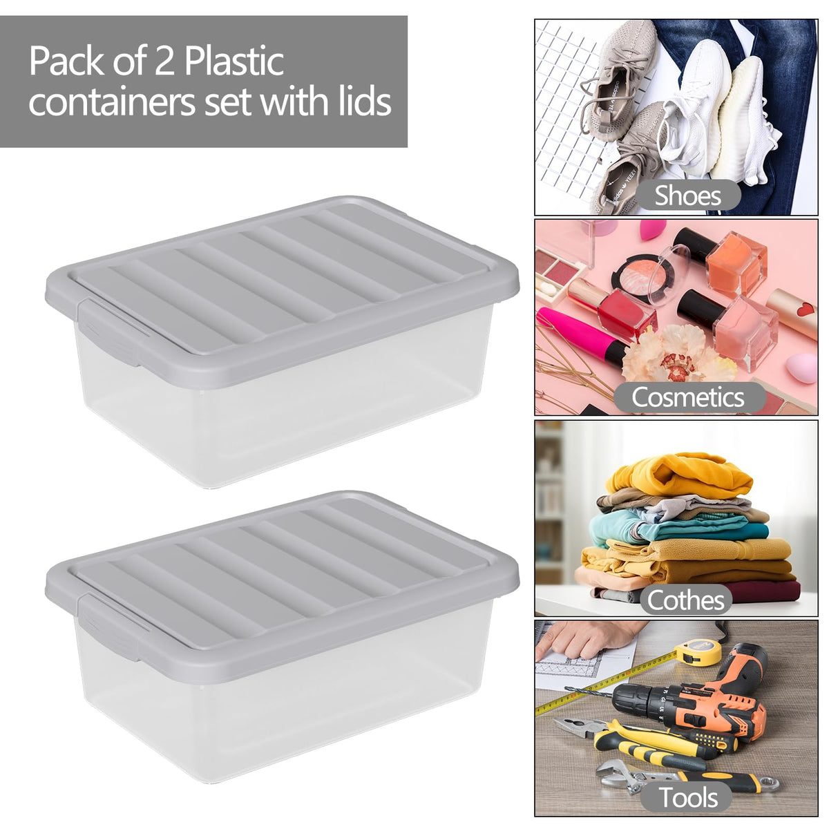 Afromy 14 L Plastic Latching Storage Box with Grey Lid, Set of 2 - image 4