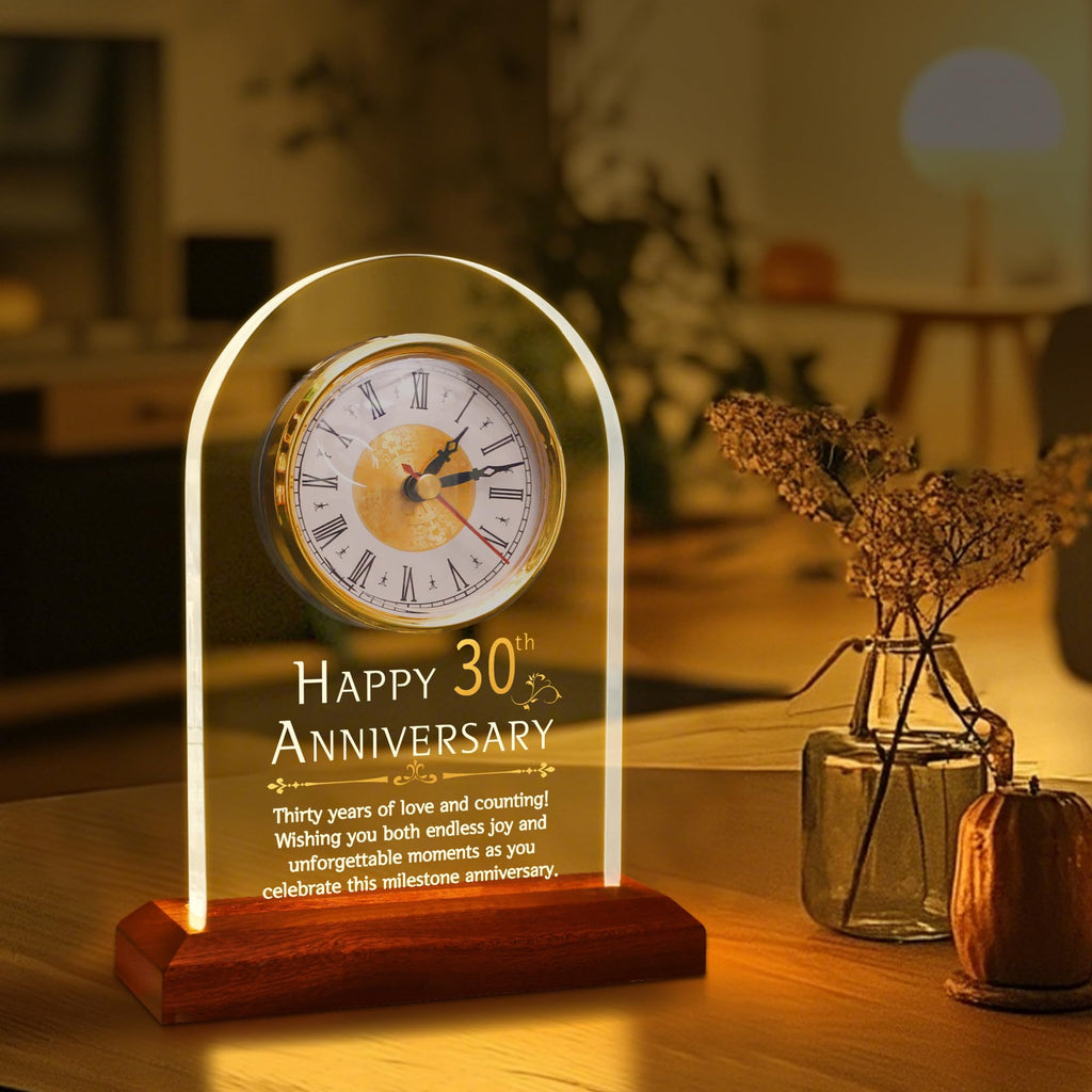 OkiyiD 30th Anniversary Quartz Clock | LED Light Up Wooden Base Gift