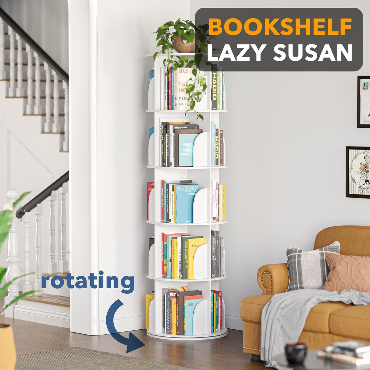 SpaceAid 5-Tier Rotating Shelf Tower, Rotating Lazy Susan Bookcase, 360° Round Storage Rack, Vertical Rotation, Spiral Corner Organizer, White - image 3
