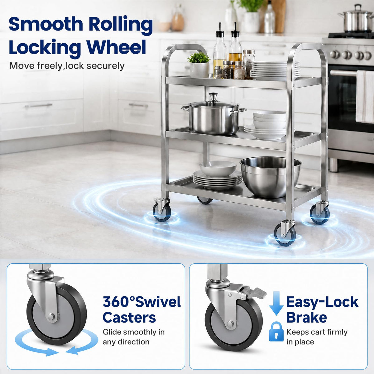 3 Tier Stainless Steel Cart, Rolling Catering Storage Cart 75×40×83cm - image 4