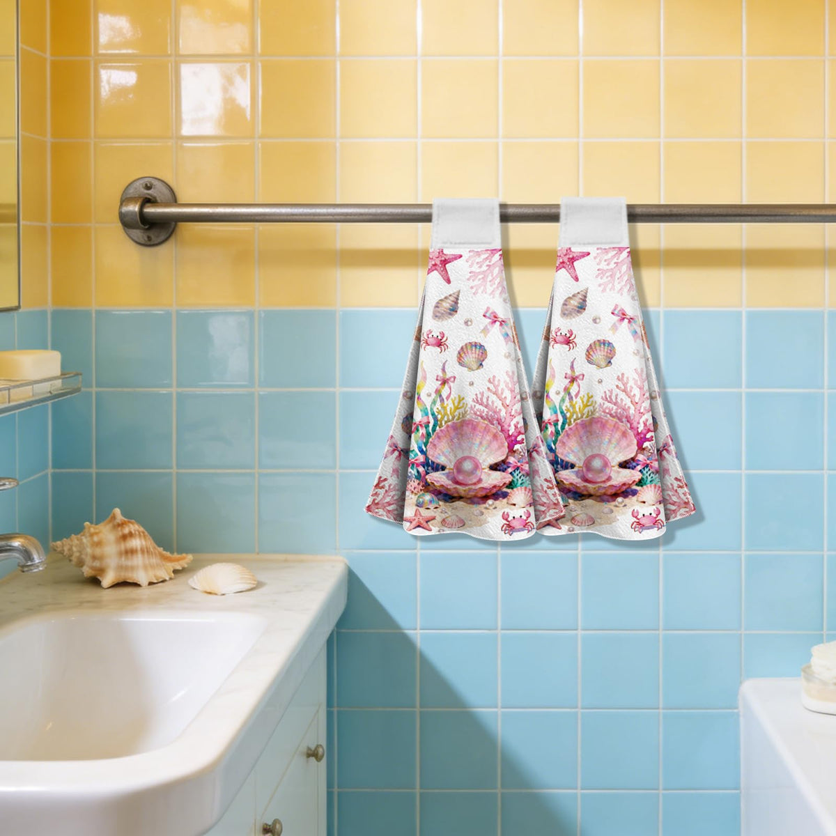 CUTHOLLOW 2 Pcs Pink Seashells Hanging Kitchen Towels with Loop - image 5