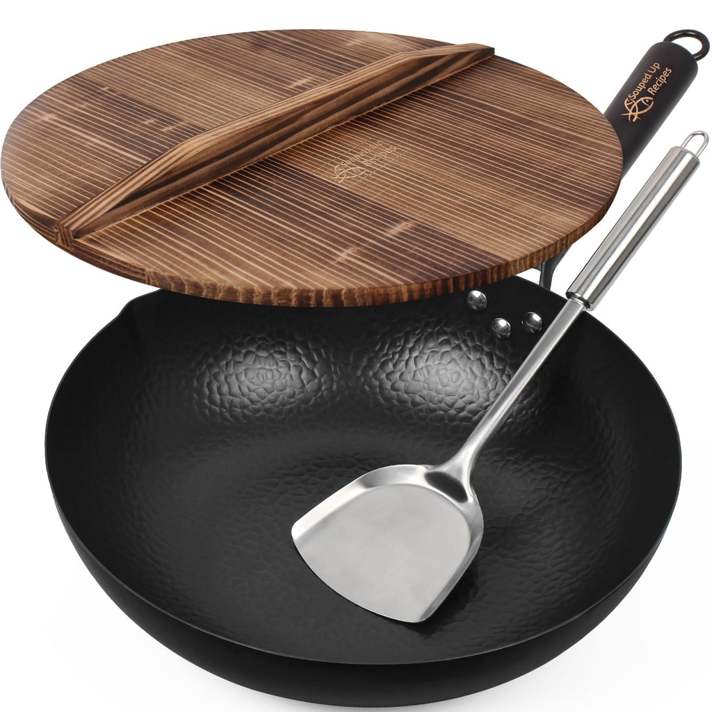 Souped Up Recipes 13.4 Inch Carbon Steel Wok with Lid and Spatula