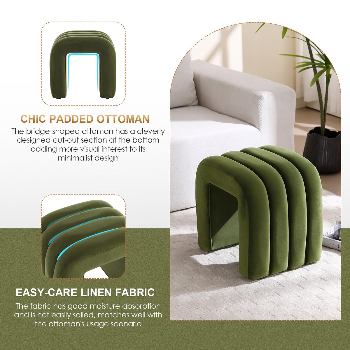 Zesthouse Arched Ottoman Foot Stool, U-shape Pouffe Footstool, Green - image 4