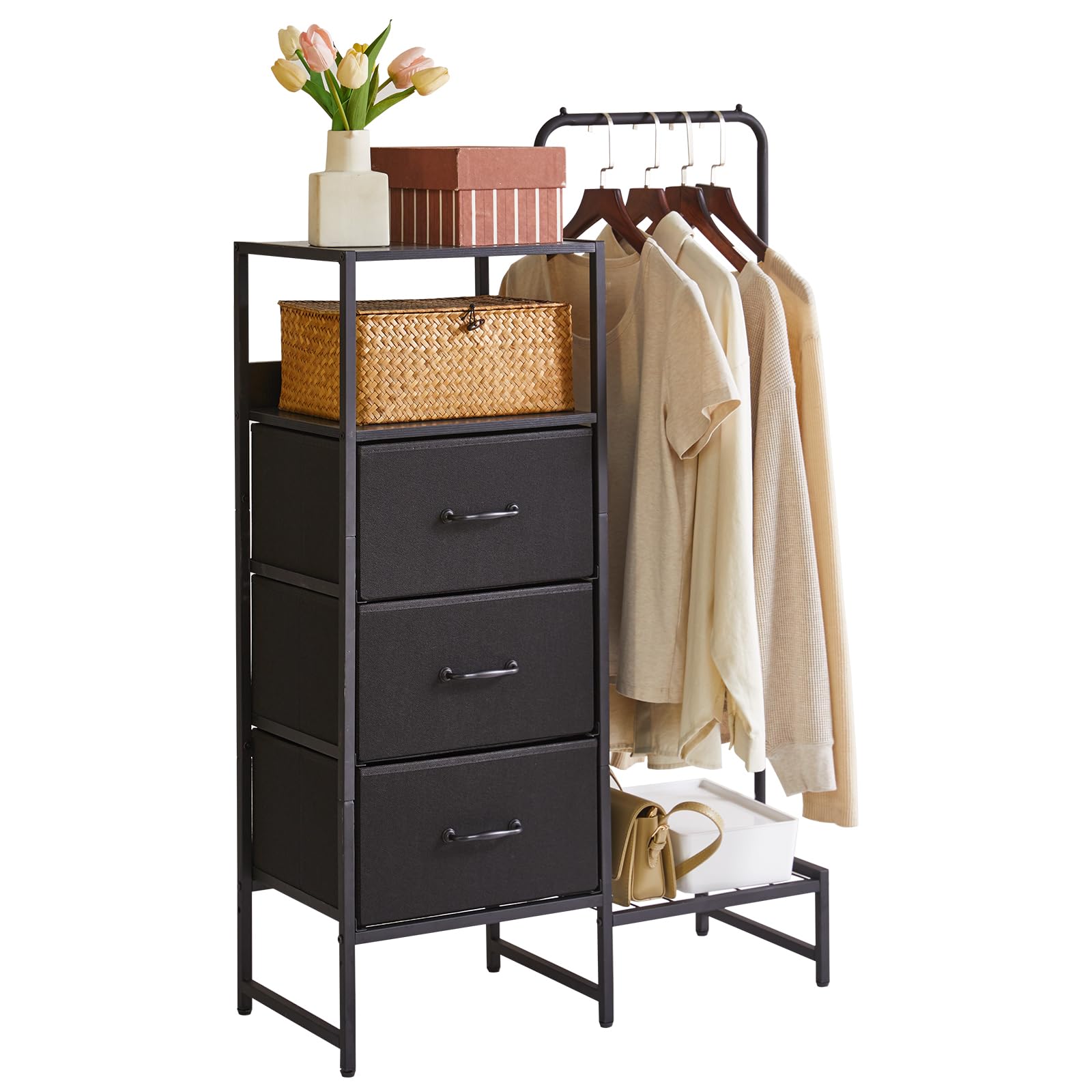 Aibiju 3-Drawer Clothes Rack | Reversible Coat Hanger with Shelves, Black