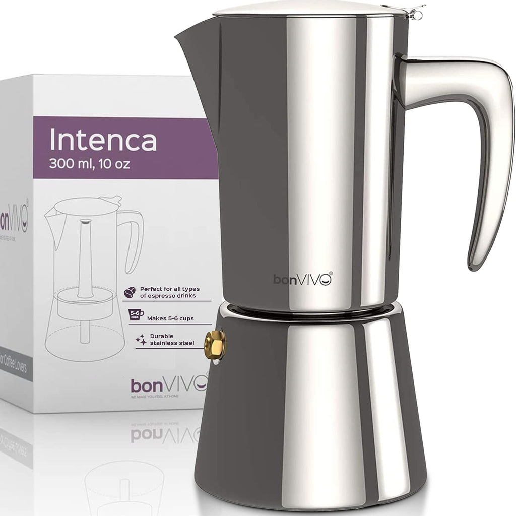bonVIVO Intenca Moka Pot – 6 Cup Stainless Steel Stovetop Espresso Maker